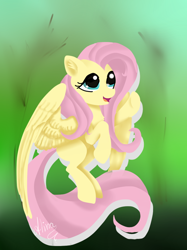 Size: 606x810 | Tagged: safe, artist:nellun, fluttershy, pegasus, pony, floating, looking up, pointing, singing, solo, spread wings