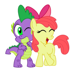 Size: 850x807 | Tagged: safe, artist:aleximusprime, apple bloom, spike, dragon, earth pony, pony, adorabloom, bow, cute, daaaaaaaaaaaw, eyes closed, female, filly, happy, interspecies, male, one eye closed, open mouth, shipping, simple background, smiling, spikebloom, straight, transparent background, vector