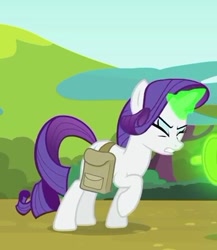 Size: 387x445 | Tagged: safe, screencap, rarity, pony, unicorn, inspiration manifestation, season 4, cropped, eyes closed, female, glowing horn, horn, inspirarity, possessed, saddle bag, solo