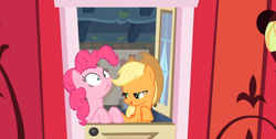 Size: 1920x966 | Tagged: safe, screencap, applejack, pinkie pie, earth pony, pony, pinkie apple pie, duo, female, mare