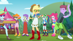 Size: 1280x720 | Tagged: safe, derpibooru import, screencap, applejack, peppermint azure, pinkie pie, rainbow dash, scribble dee, starlight, accountibilibuddies, better together, choose your own ending, equestria girls, applejack's hat, background human, boots, clothes, cowboy boots, cowboy hat, dancing, dress, eyes closed, female, glasses, hat, legs, male, pantyhose, shoes, sky, sneakers, socks