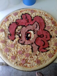 Size: 720x960 | Tagged: safe, pinkie pie, earth pony, pony, food, food art, funny face, photo, pizza, toenails, wallpaper