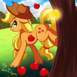 Size: 900x900 | Tagged: safe, artist:jacky-bunny, applejack, earth pony, pony, apple, applebucking, plot, solo