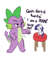 Size: 3588x3950 | Tagged: safe, artist:wickedsilly, rarity, spike, dragon, pony, unicorn, dialogue, female, male, plushie, rarity plushie, shipping, simple background, sparity, stool, straight, white background