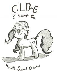 Size: 1062x1307 | Tagged: safe, artist:matugi, pinkie pie, earth pony, pony, army helmet, black and white, grayscale, helmet, monochrome, smiling, solo, traditional art