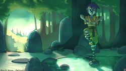 Size: 1920x1080 | Tagged: safe, artist:atryl, derpibooru import, scootaloo, human, balancing, forest, humanized, monk, quest for harmony, solo, wallpaper, water