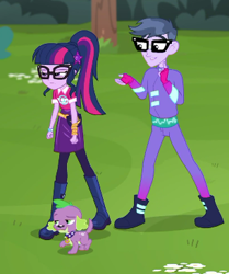 Size: 305x364 | Tagged: safe, derpibooru import, screencap, microchips, sci-twi, spike, spike the regular dog, twilight sparkle, dog, better together, choose your own ending, equestria girls, the road less scheduled, the road less scheduled: microchips, boots, clothes, geode of telekinesis, glasses, magical geodes, male, mc dex fx, pantyhose, ponytail, shoes, skirt, spike's dog collar