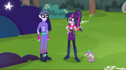 Size: 720x399 | Tagged: safe, derpibooru import, screencap, microchips, sci-twi, spike, spike the regular dog, twilight sparkle, dog, equestria girls, equestria girls series, the road less scheduled, the road less scheduled: microchips, spoiler:choose your own ending (season 2), spoiler:eqg series (season 2), boots, clothes, fingerless gloves, glasses, gloves, male, mc dex fx, pantyhose, ponytail, shoes, skirt, spike's dog collar