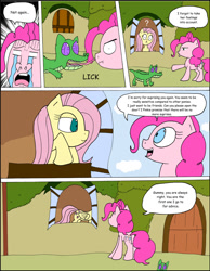 Size: 1024x1322 | Tagged: safe, artist:average-00, fluttershy, gummy, pinkie pie, earth pony, pegasus, pony, comic:opposites, comic