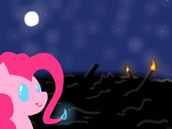 Size: 1024x768 | Tagged: safe, artist:hellhounds04, pinkie pie, earth pony, pony, askpinkiepyro, fire, night, solo