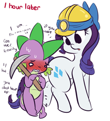 Size: 3588x3950 | Tagged: safe, artist:wickedsilly, rarity, spike, dragon, pony, unicorn, blushing, bow, cute, dialogue, female, helmet, male, mare, nervous, pickaxe, shipping, shy, simple background, sparity, spikabetes, straight, stuttering, sweat, white background