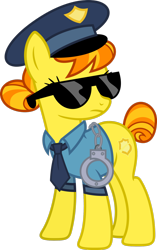 Size: 1024x1630 | Tagged: safe, artist:blah23z, derpibooru import, copper top, spitfire, cuffs, hat, necktie, police, police uniform, recolor, solo, sunglasses