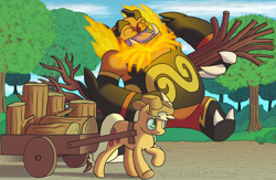 Size: 2300x1500 | Tagged: safe, artist:crispokefan, applejack, earth pony, pony, crossover, emboar, pokémon, wood