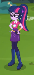 Size: 267x592 | Tagged: safe, derpibooru import, screencap, sci-twi, twilight sparkle, better together, choose your own ending, equestria girls, the road less scheduled, the road less scheduled: microchips, boots, clothes, cropped, geode of telekinesis, glasses, magical geodes, pantyhose, ponytail, shoes, skirt, smiling, solo