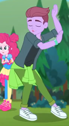 Size: 366x668 | Tagged: safe, derpibooru import, screencap, duke suave, pinkie pie, accountibilibuddies, better together, choose your own ending, equestria girls, background human, clothes, dancing, eyes closed, female, geode of sugar bombs, hair bun, legs, magical geodes, male, pants, pantyhose, shoes, skirt, sneakers