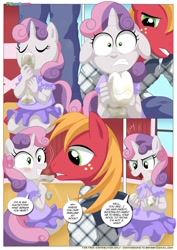 Size: 1024x1447 | Tagged: safe, artist:bbmbbf, big macintosh, sweetie belle, anthro, comic:be my special somepony, barefoot, be my special somepony, clothes, comic, dress, equestria untamed, feet, female, male, palcomix, shipping, straight, sweetiemac, telling lies