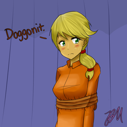 Size: 1500x1500 | Tagged: safe, artist:jaybeaniemags, applejack, human, 30 minute art challenge, bondage, humanized, rope, rope trick, solo, tied up