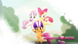 Size: 1920x1080 | Tagged: safe, artist:2bitmarksman, artist:gamemasterluna, artist:kibbiethegreat, derpibooru import, apple bloom, scootaloo, sweetie belle, cover art, cutie mark crusaders, helmet, logo, pyramid, vector, wallpaper