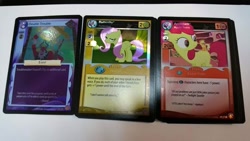 Size: 960x540 | Tagged: safe, apple bloom, applejack, discord, fluttershy, lord tirek, earth pony, pegasus, pony, absolute discord, appletini, card, ccg, enterplay, flutterguy