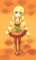 Size: 972x1627 | Tagged: safe, artist:jumboz95, applejack, equestria girls, friendship through the ages, alternate costumes, alternate hairstyle, clothes, country applejack, dress, grin, hatless, humanized, missing accessory, sleeveless, solo, twintails