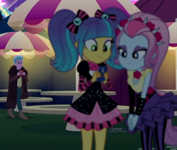 Size: 1020x866 | Tagged: safe, derpibooru import, screencap, cool scarf guy, pixel pizazz, violet blurr, better together, equestria girls, sunset's backstage pass!, cellphone, clothes, cropped, female, male, miniskirt, outdoors, pantyhose, phone, picnic table, pigtails, skirt, smartphone, spiked headband, table, the snapshots, twintails, umbrella