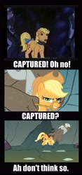 Size: 1414x3009 | Tagged: safe, artist:drproxima, edit, edited screencap, screencap, applejack, applejack (g1), diamond dog, earth pony, pony, a dog and pony show, g1, rescue at midnight castle, bucking, comic, comparison, diamond dog guard, screencap comic, tied up