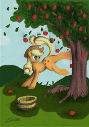 Size: 564x800 | Tagged: safe, artist:huussii, applejack, earth pony, pony, apple, applebucking, colored, plot, solo, tree