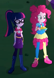 Size: 410x593 | Tagged: safe, derpibooru import, screencap, pinkie pie, sci-twi, twilight sparkle, better together, equestria girls, sunset's backstage pass!, boots, clothes, geode of sugar bombs, glasses, hair bun, magical geodes, pantyhose, ponytail, shoes, skirt, sneakers