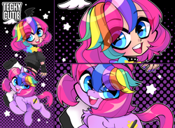 Size: 1188x871 | Tagged: safe, artist:techycutie, oc, oc:techy twinkle, human, pony, unicorn, boots, chest fluff, clothes, coat, female, gloves, humanized, shoes, socks, stars, thigh highs, wings