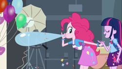 Size: 1366x768 | Tagged: safe, screencap, pinkie pie, equestria girls, balloon, blowing up balloons, inflation