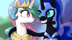 Size: 1244x700 | Tagged: safe, artist:deusexequus, nightmare moon, princess celestia, alicorn, pony, duo, fanfic, fanfic art, grin, scrunchy face, shrunken pupils, smiling, wing hold