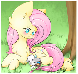 Size: 1405x1339 | Tagged: dead source, safe, artist:teranen, discord, fluttershy, pegasus, pony, :3, age regression, baby discord, big ears, blushing, colored pupils, cute, discute, faic, fluttermom, prone, sleeping, woll smoth, younger