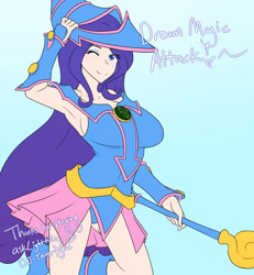 Size: 1280x1387 | Tagged: safe, artist:jonfawkes, rarity, human, series:nightmare war, armpits, breasts, clothes, cosplay, costume, dark magician girl, dialogue, female, humanized, looking at you, one eye closed, simple background, smiling, solo, yu-gi-oh!