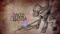 Size: 1280x720 | Tagged: safe, artist:ipoloarts, princess celestia, alicorn, pony, armor, female, glowing horn, limited palette, mare, serious, serious face, solo, warrior celestia, weapon