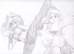 Size: 1024x746 | Tagged: safe, artist:sapiking, applejack, human, avatar the last airbender, crossover, fight, humanized, monochrome, traditional art, ty lee