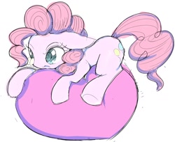 Size: 1024x836 | Tagged: dead source, safe, artist:skippy_the_moon, pinkie pie, butterfly, earth pony, pony, balloon, balloon sitting, butterfly on nose, cute, diapinkes, insect on nose, solo