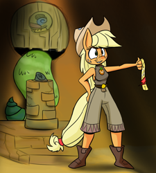 Size: 900x1000 | Tagged: safe, artist:heir-of-rick, applejack, anthro, daily apple pony, clothes, element of honesty, element of loyalty, elements of harmony, indiana jones, lip bite, tomb