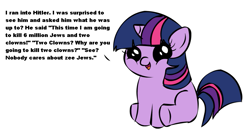 Size: 999x540 | Tagged: safe, derpibooru import, twilight sparkle, pony, unicorn, adolf hitler, dialogue, exploitable meme, female, filly, filly twilight sparkle, filly twilight telling an offensive joke, holocaust joke, horn, joke, looking at you, meme, multicolored mane, multicolored tail, obligatory pony, purple coat, simple background, sitting, smiling, solo, talking to viewer, underhoof, vulgar, white background