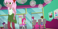 Size: 1280x639 | Tagged: safe, derpibooru import, screencap, ginger owlseye, pinkie pie, raspberry lilac, wiz kid, better together, choose your own ending, equestria girls, tip toppings, background human, clothes, converse, fedora, female, geode of sugar bombs, hat, magical geodes, male, pants, pantyhose, shoes, skirt, sleeveless, store, tanktop