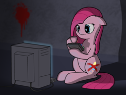 Size: 3264x2448 | Tagged: safe, artist:ashtoneer, pinkie pie, earth pony, pony, blood, pinkamena diane pie, solo, television, video game