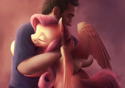 Size: 2630x1860 | Tagged: safe, artist:bluespaceling, fluttershy, human, pony, bipedal, cute, daaaaaaaaaaaw, duo, eyes closed, hug, hugging a pony, human on pony snuggling, realistic, shyabetes, smiling, snuggling, so soft, spread wings