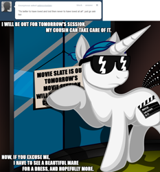 Size: 1000x1073 | Tagged: safe, artist:jamescorck, oc, oc only, oc:movie slate, ask, bandana, sunglasses, tumblr