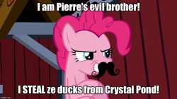 Size: 888x499 | Tagged: safe, pinkie pie, earth pony, pony, spike at your service, foster's home for imaginary friends, image macro, meme, moustache, solo