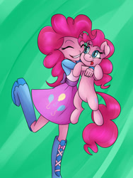 Size: 1024x1365 | Tagged: safe, artist:megagibs, pinkie pie, pony, equestria girls, :p, cute, diapinkes, eyes closed, holding a pony, hug, human ponidox, self ponidox, silly, tongue out