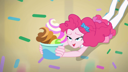 Size: 1912x1080 | Tagged: safe, derpibooru import, screencap, pinkie pie, better together, choose your own ending, equestria girls, tip toppings, clothes, cup, female, froyo, frozen yogurt, help, laying on floor, legs, pantyhose, skirt, solo