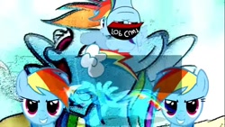 Size: 854x480 | Tagged: safe, derpibooru import, rainbow dash, pegasus, pony, collage, deep fried meme, headbob, meme, mlg, needs more jpeg, silly, silly face, silly pony