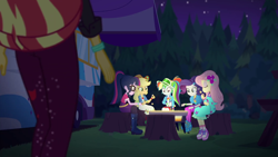 Size: 1920x1080 | Tagged: safe, screencap, applejack, fluttershy, rainbow dash, rarity, sci-twi, sunset shimmer, twilight sparkle, better together, equestria girls, sunset's backstage pass!, food, marshmallow, music festival outfit, shoes, sneakers, tree stump