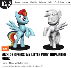 Size: 1174x1116 | Tagged: safe, derpibooru import, rainbow dash, pegasus, pony, 3d, announcement, female, figurine, gaming miniature, hasbro, icv2, mare, merchandise, miniature, model, official, prototype, text, toy, unpainted, wizkids