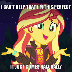 Size: 650x650 | Tagged: safe, edit, edited screencap, screencap, sunset shimmer, better together, equestria girls, sunset's backstage pass!, caption, cropped, facts, image macro, meme, music festival outfit, solo, text, truth