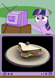 Size: 452x641 | Tagged: safe, derpibooru import, twilight sparkle, exploitable meme, hungry, meme, obligatory pony, sandvich, team fortress 2, television, tv meme, twilight burgkle